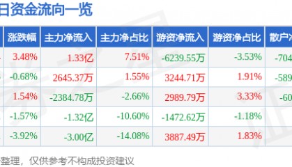 股票行情快报：南都电源（300068）9月24日主力资金净买入1.33亿元
