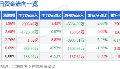 股票行情快报：永泰能源（600157）9月16日主力资金净买入2995.46万元