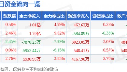 股票行情快报：南都电源（300068）9月4日主力资金净买入1.01亿元