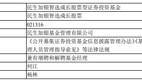 民生加银智选成长股票增聘何江 杨林离任