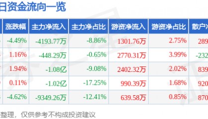 股票行情快报：天龙集团（300063）9月2日主力资金净卖出4193.77万元