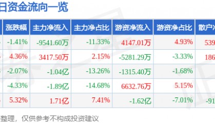 股票行情快报：南都电源（300068）8月12日主力资金净卖出9541.60万元