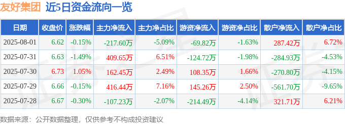 股票行情快报:友好集团(600778)8月1日主力资金净卖出217.60万元
