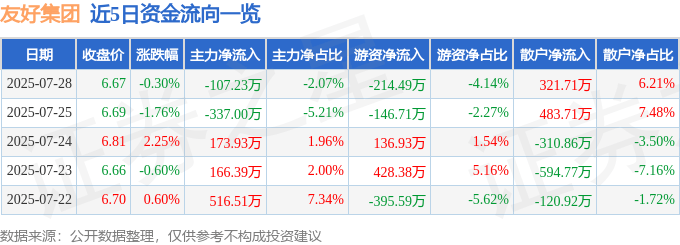 股票行情快报:友好集团(600778)7月28日主力资金净卖出107.23万元