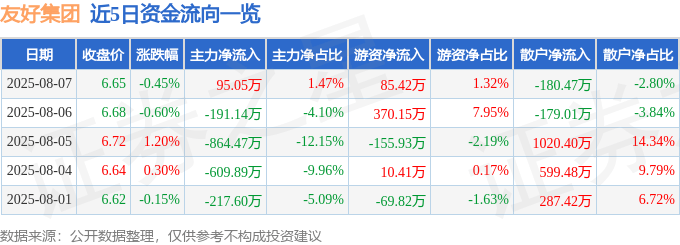 股票行情快报:友好集团(600778)8月7日主力资金净买入95.05万元