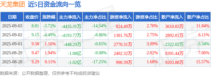 股票行情快报:天龙集团(300063)9月3日主力资金净卖出4435.31万元