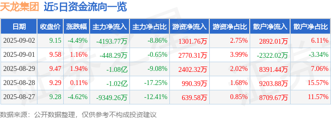 股票行情快报:天龙集团(300063)9月2日主力资金净卖出4193.77万元