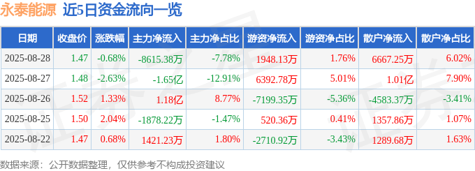 股票行情快报:永泰能源(600157)8月28日主力资金净卖出8615.38万元